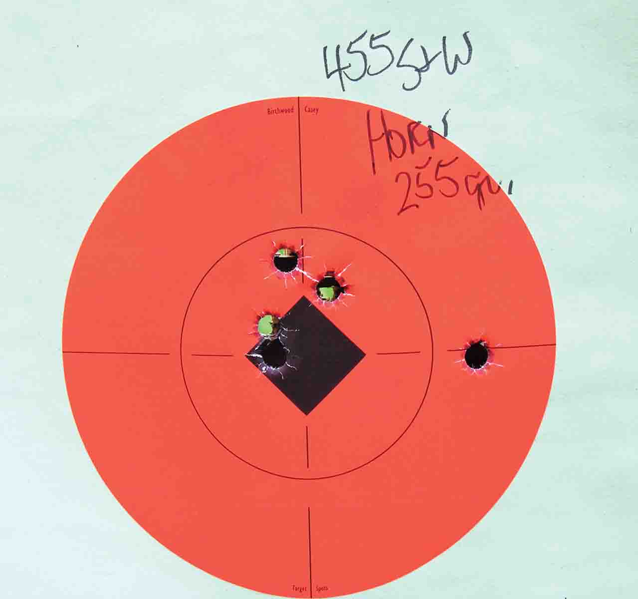 Mike’s .455 S&W Second Model Hand Ejector shoots to point of aim. This group was fired one-handed at 50 feet. Shot number five at right was called a flyer.
